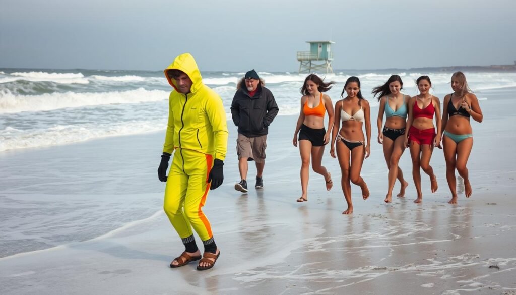 An icy winter beach with crashing waves and a bitter wind, where fashionably challenged beachgoers stand out like sore thumbs. In the foreground, a person shivers in an ill-fitted neon wetsuit, complete with socks and sandals. A middle-aged man in a bulky parka and cargo shorts stumbles through the sand, while a group of teens sport crop tops and mini skirts, their goosebump-covered skin glistening. In the background, a lone lifeguard tower casts an ominous shadow, a harsh reminder that this is no place for such sartorial sins. The light is flat and grey, adding to the sense of discomfort and lack of style. This is a cautionary tale of winter beach fashion gone wrong.