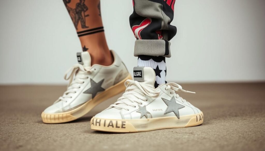 An image of a person wearing Golden Goose sneakers with a stylish outfit.