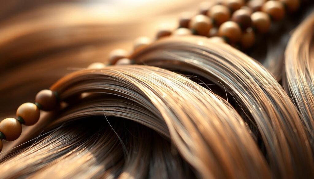Close-up detailed shot of several natural beaded row hair extensions, showcasing their individual beads and intricate woven patterns. The extensions are illuminated by soft, diffused natural lighting, creating a warm, flattering glow. The middle ground features the smooth, glossy texture of the hair strands, while the background is blurred to emphasize the focal point. The overall composition highlights the craftsmanship and high-quality materials used in the creation of these natural beaded row extensions.