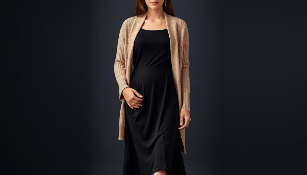 Create an image of a woman wearing a black midi dress layered with a beige cardigan.