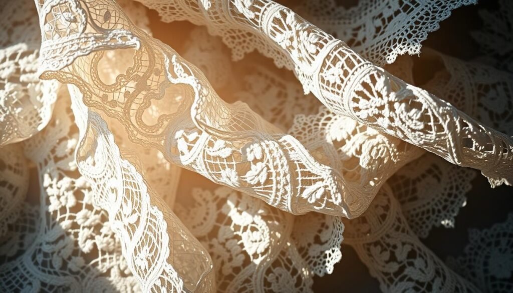 Delicate lace textures intertwine and mingle, creating a captivating play of light and shadow. A soft, muted color palette sets the tone, with hints of cream, ivory, and subtle undertones of gray. The composition features a balanced mix of intricate lace patterns, woven together in a harmonious, layered arrangement. Dramatic low-angle lighting casts dramatic shadows, accentuating the depth and dimensionality of the lace textures. The overall mood is one of refined elegance and sophisticated allure, perfectly capturing the essence of "Mastering the Art of Texture Mixing with Lace".