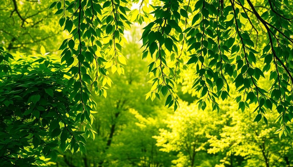 Different shades of lush, vibrant green leaves cascading across the frame, capturing the essence of the natural world. A tranquil forest scene bathed in warm, golden sunlight filtering through the canopy, casting soft shadows and highlights that accentuate the varied hues. In the foreground, deep emerald foliage contrasts with the lighter, more yellowy-green tones of younger spring growth. The middle ground features a medley of shades, from deep, rich hunter green to delicate, pale seafoam. The background fades into a harmonious blend of verdant tones, creating a serene, cohesive landscape that celebrates the beauty of nature's diverse palette of greens.