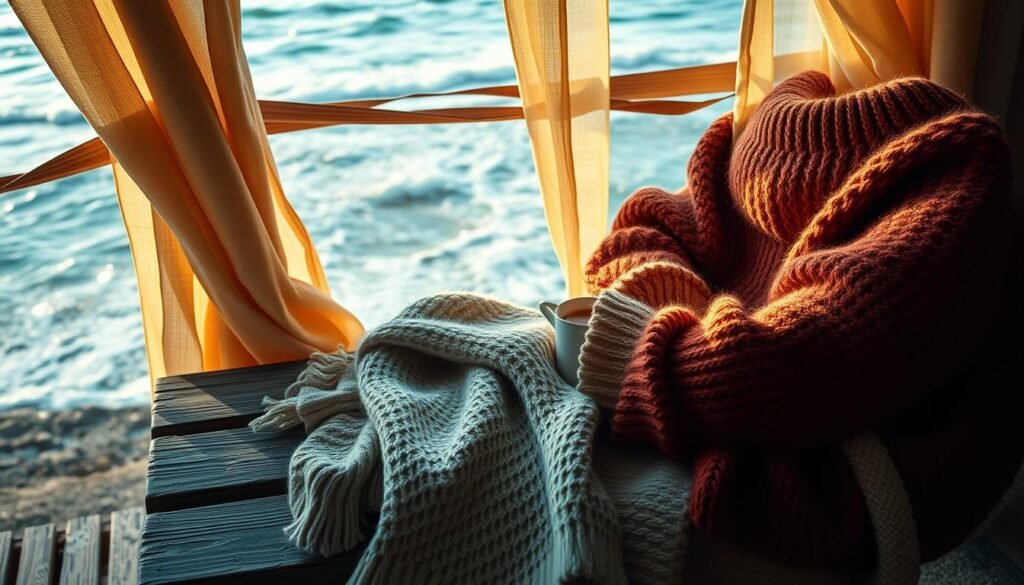 Elegant, cozy knit sweaters in rich autumn hues draped on a weathered wooden bench overlooking the windswept oceanfront. Plush throw blankets in soft textures like cashmere and wool nestle beside a steaming mug of tea, creating a serene, inviting scene. Gentle natural lighting filters through diaphanous curtains, illuminating the scene with a warm, golden glow. The overall atmosphere exudes comfort, coziness, and a sense of effortless style perfect for braving the crisp sea breezes.