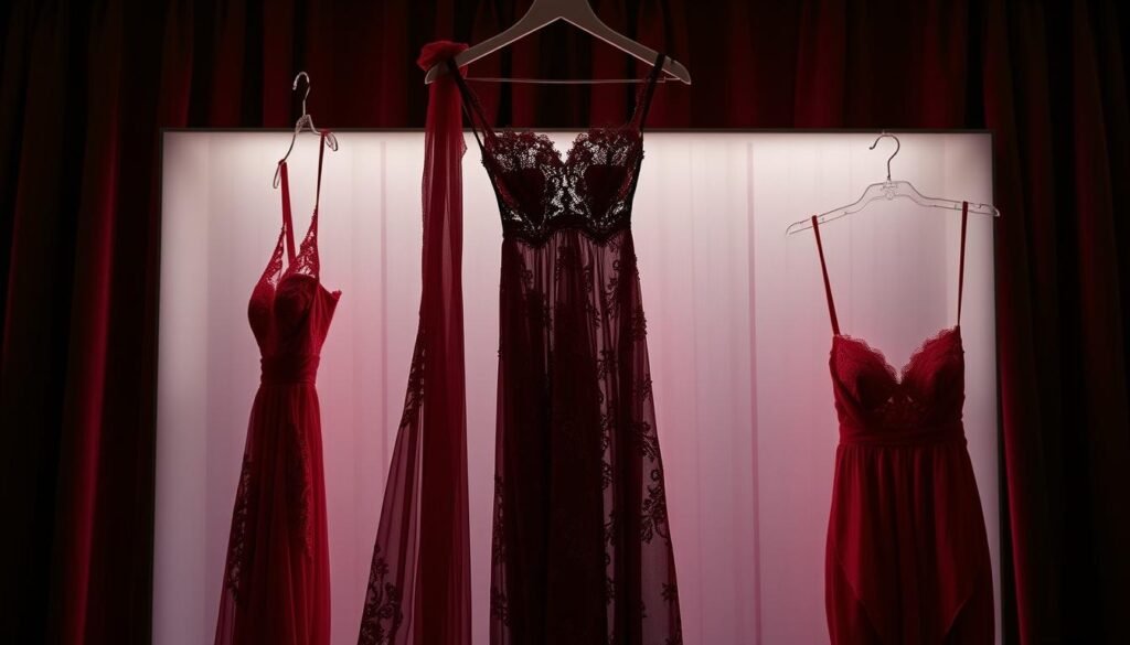 Elegant crimson lace dresses draped alluringly on a delicate display. The fabric cascades with a sensual flow, hinting at the feminine form beneath. Soft, diffused lighting casts a warm, romantic glow, accentuating the intricate patterns and textures of the lace. In the background, a luxurious velvet curtain in a complementary burgundy hue adds depth and a sense of opulence. The overall scene evokes a captivating, sophisticated charm that is both seductive and refined, reflecting the allure of red lace outfits.
