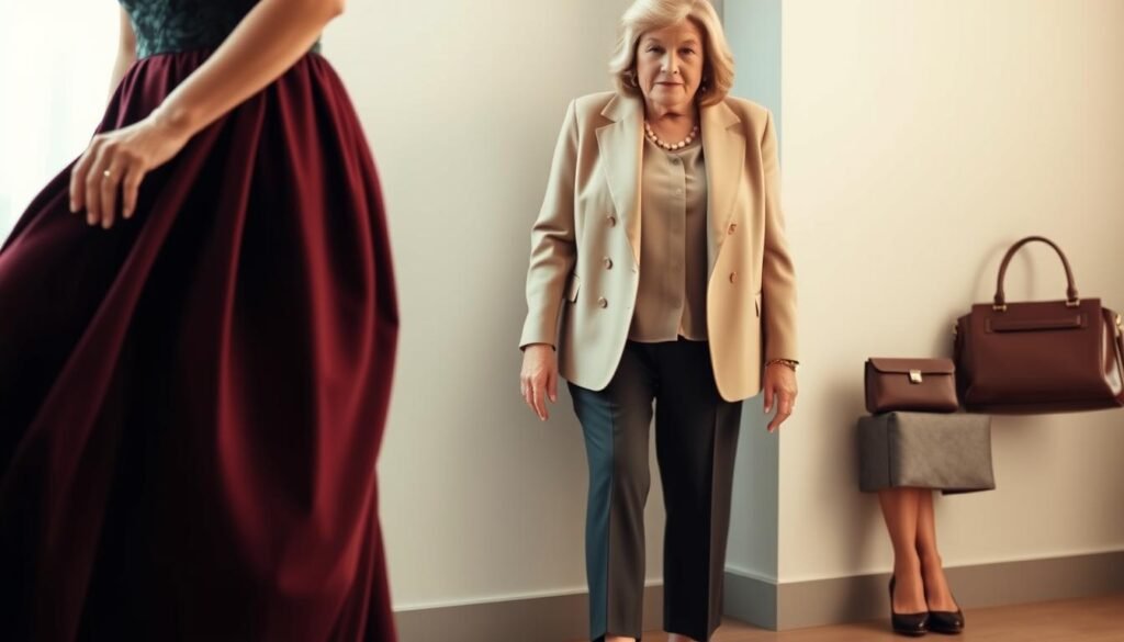 Elegant formal attire for stylish women over 60, captured in a soft, natural light. The foreground features a gracefully draped, floor-length gown in a rich jewel-toned color, perhaps a deep burgundy or emerald green, accentuated by delicate lace accents. The middle ground showcases a tailored, knee-length jacket in a complementary hue, such as a neutral beige or soft gray, worn over a simple, yet sophisticated blouse. In the background, a curated selection of classic accessories, such as a structured handbag, statement jewelry, and refined footwear, all harmoniously coordinated to create a visually cohesive and timeless ensemble. The overall mood is one of refined sophistication, timeless elegance, and a celebration of the confidence and style that comes with age.