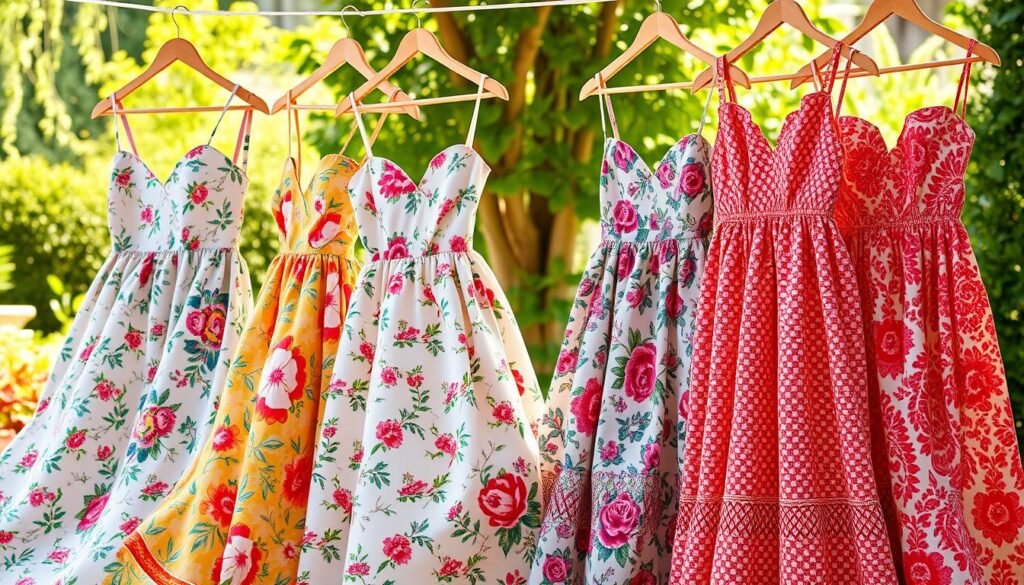 Elegant summer dresses in a vibrant display of patterns and silhouettes. Delicate floral prints and bold geometric designs dance across the fabric, creating a symphony of color and texture. The dresses flow gracefully, their soft, billowing forms accentuated by natural lighting that casts a warm, golden glow. In the background, a serene garden backdrop provides a tranquil setting, allowing the dresses to take center stage and showcase their timeless charm. Captured with a wide-angle lens, the image offers a comprehensive view of the diverse range of summer dress styles, inviting the viewer to envision the perfect ensemble for any warm-weather occasion.