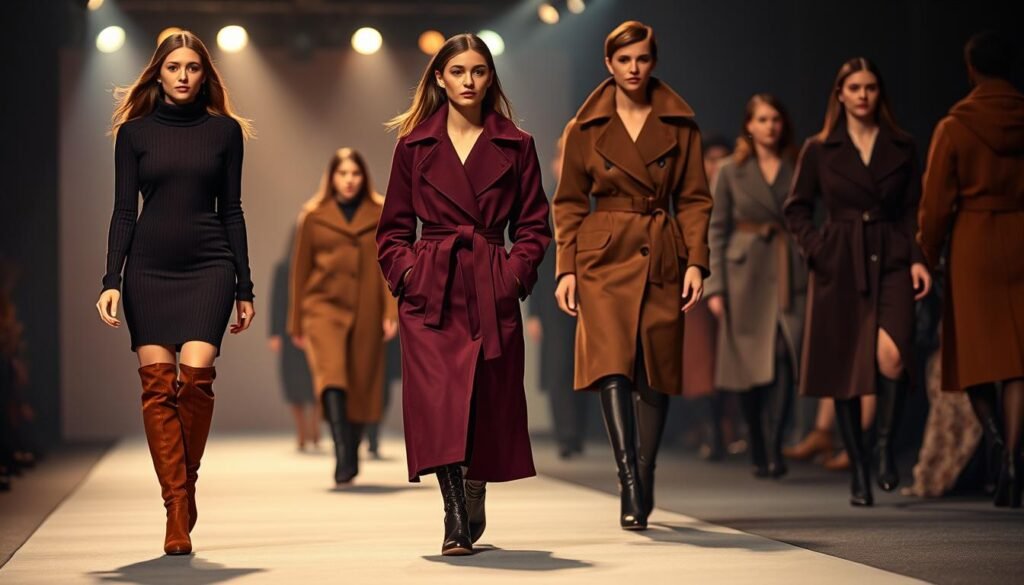 Elegant winter ensembles sashay across a dimly lit runway, illuminated by warm, soft lighting that accentuates the luxurious fabrics and tailored silhouettes. In the foreground, a model struts confidently in a figure-hugging cashmere sweater dress, paired with over-the-knee suede boots. In the middle ground, a chic trench coat in a rich burgundy hue is cinched at the waist, its deep collar framing the model's face. In the background, a group of models showcase cozy, yet stylish, outerwear options, including a sleek, belted puffer jacket and a long, woolly overcoat. The overall mood is one of refined sophistication and irresistible allure, perfect for the essential elements of a sexy winter ensemble.