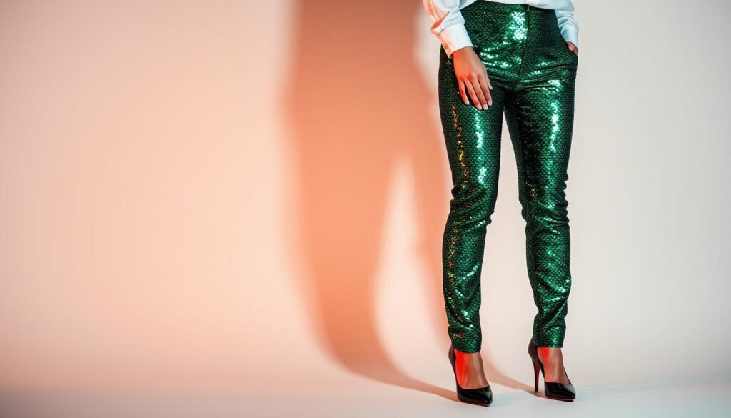 Emerald green high-waisted sequin pants for women, tailored to a slim, flattering fit. Intricate pattern of reflective sequins catching the light, creating a captivating shimmer. Paired with a crisp white button-down shirt and sleek black pumps, the outfit exudes elegant sophistication. Dramatic studio lighting casts dramatic shadows, highlighting the contours of the trousers. Photographed against a clean, minimalist background to make the pants the undisputed star of the scene. The overall mood is one of polished glamour, perfect for making a statement at a formal event or night out on the town.