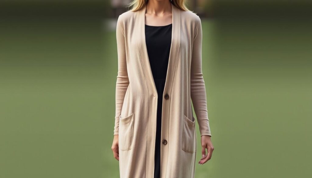 Formal long cardigan and dress outfit for evening events