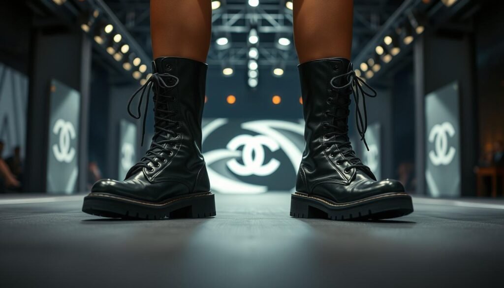 Generate an image of Chanel Interlocking CC Logo Combat Boots on a fashion runway