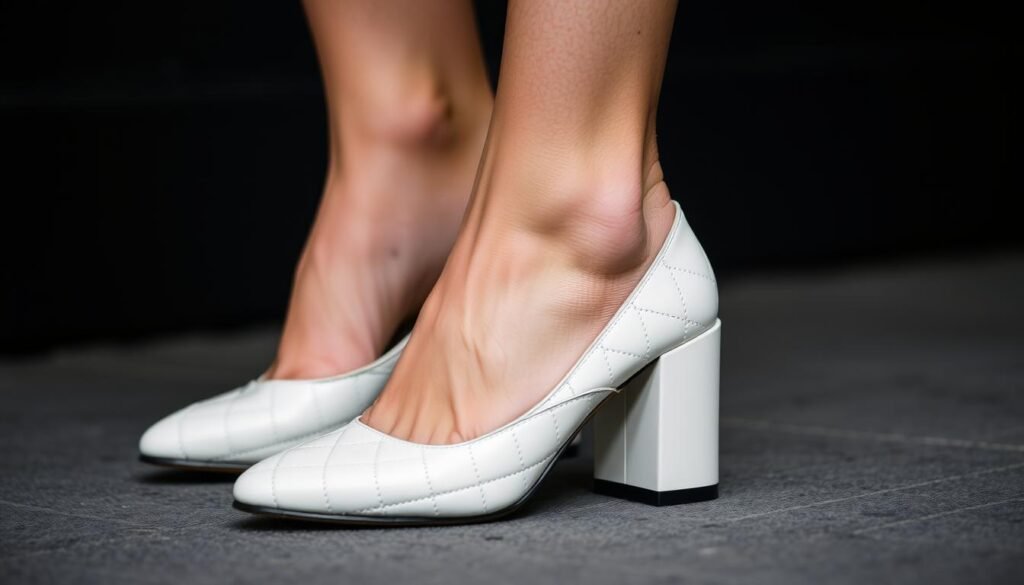 Generate an image of Quilted Leather Chanel block heels