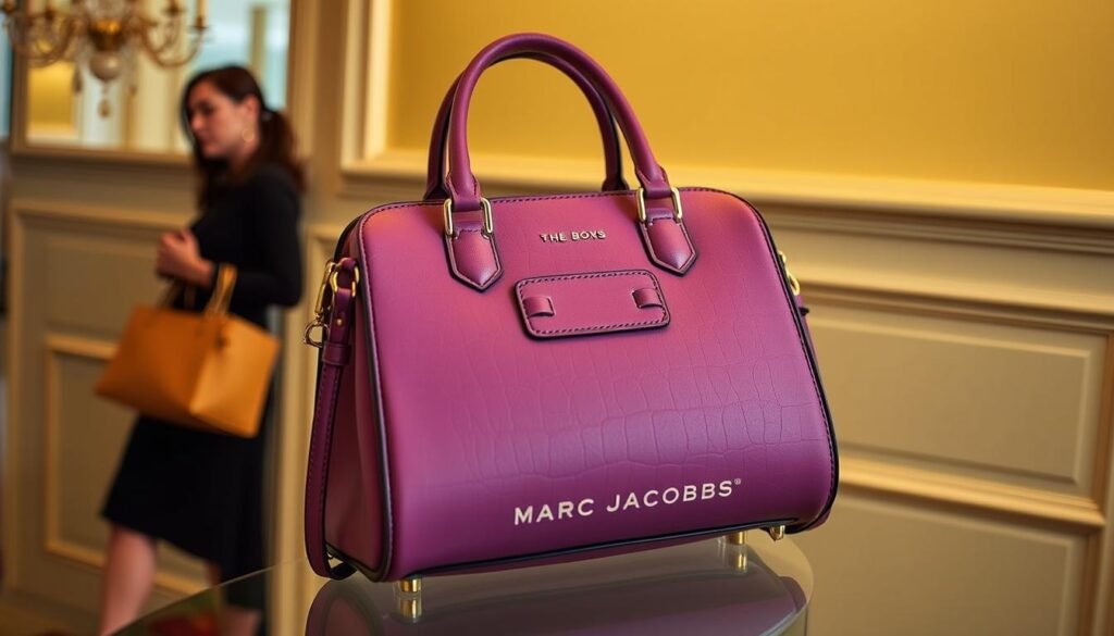 Generate an image of THE BOX bag by Marc Jacobs, highlighting its premium design details and styling possibilities.