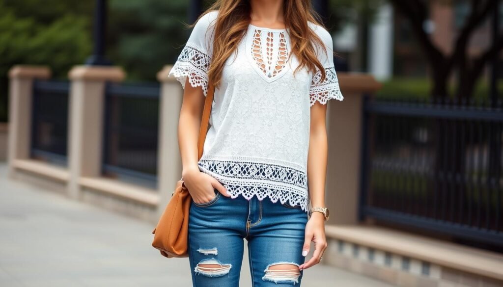 Generate an image of a casual lace top paired with denim jeans and sneakers.