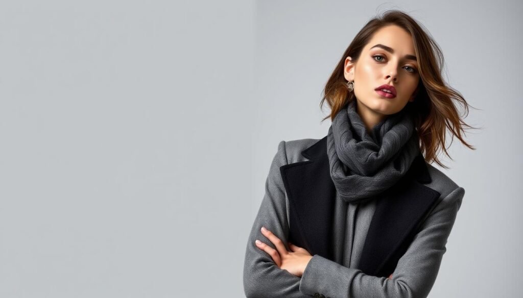 Generate an image of a model wearing a sophisticated monochrome fall outfit.