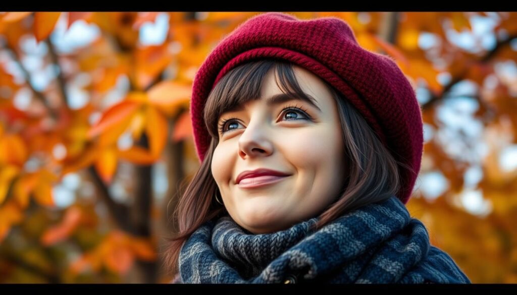 Generate an image of a person wearing a cozy beret on a crisp fall day.