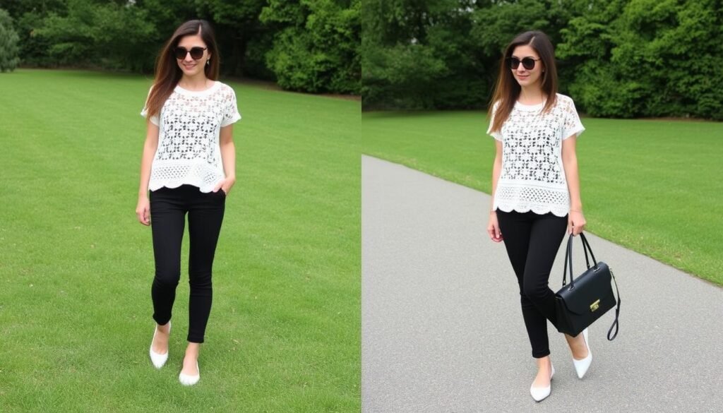 Generate an image of a person wearing a crochet knit top layered with black trousers and white flats.