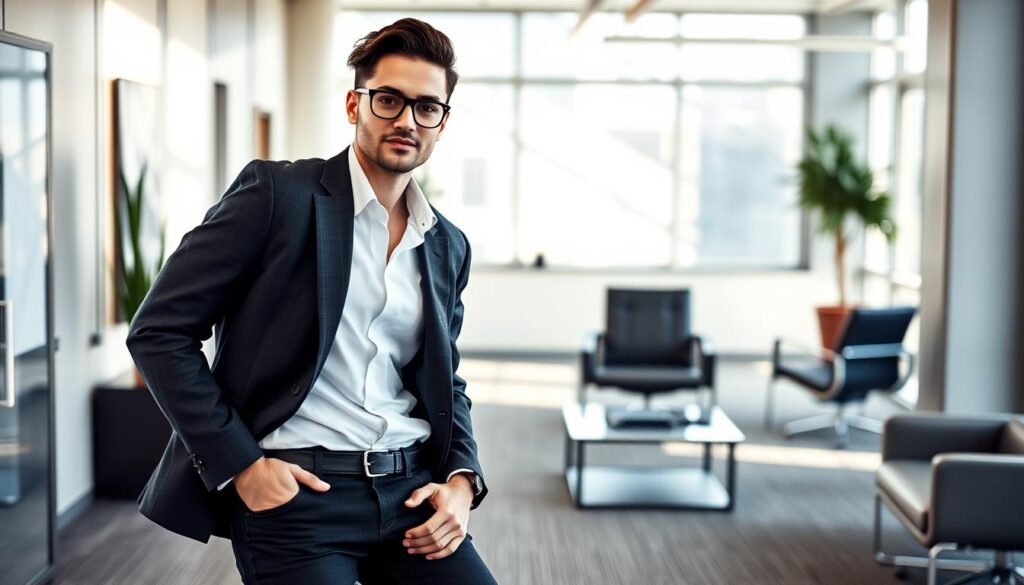 Generate an image of a person wearing black jeans with a white shirt and blazer, standing in a modern office setting.