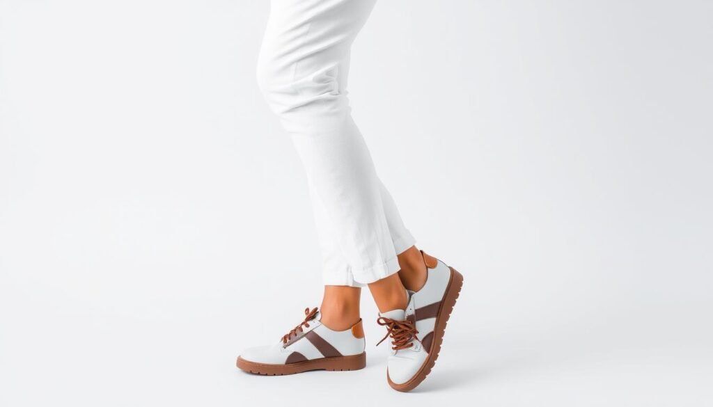 Generate an image of a person wearing white jeans with stylish shoes.