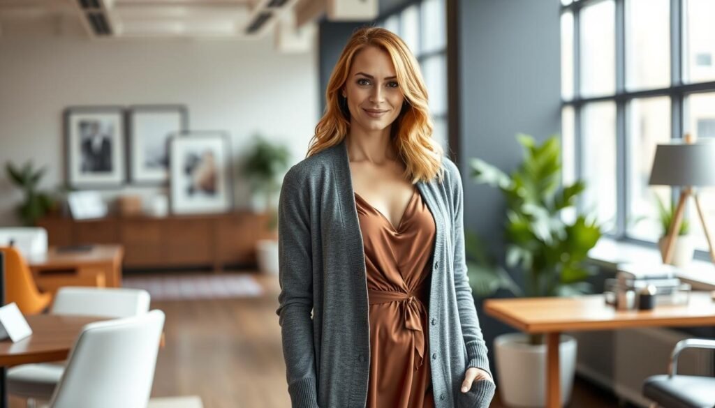 Generate an image of a professional woman wearing a long cardigan over a dress in an office setting.