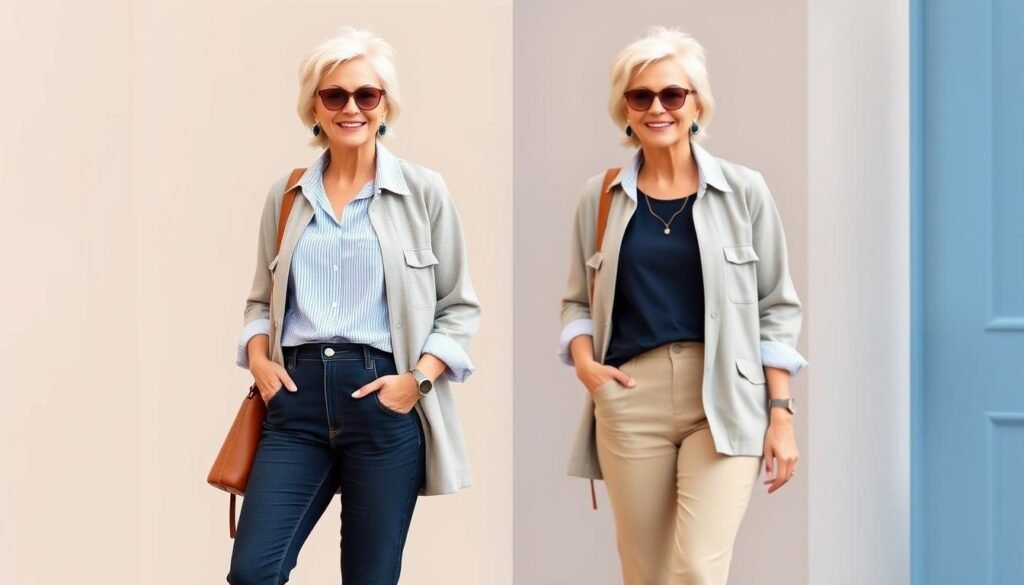 Generate an image of a stylish woman over 50 wearing casual weekend clothing.