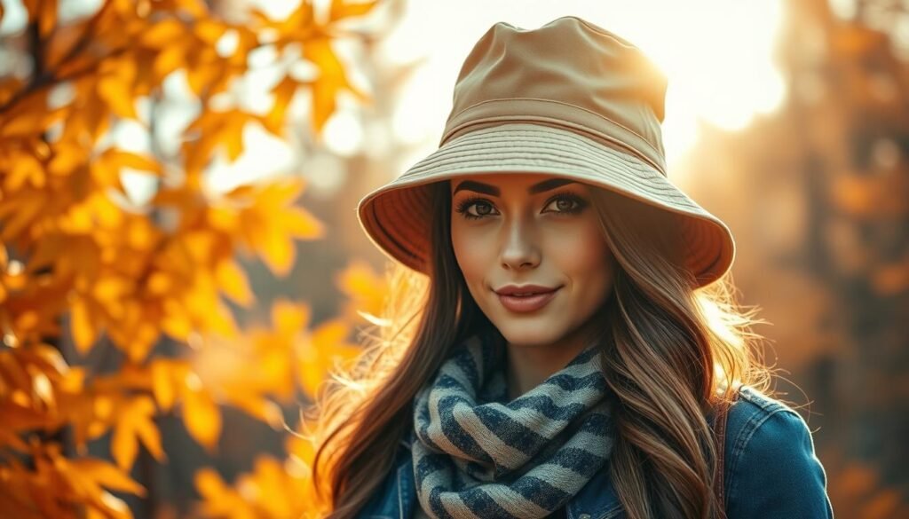 Generate an image of a stylish woman wearing a bucket hat during autumn.