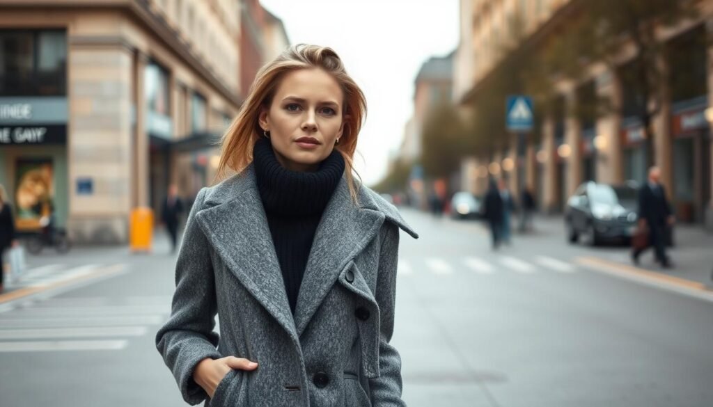 Generate an image of a stylish woman wearing a classic grey wool coat.
