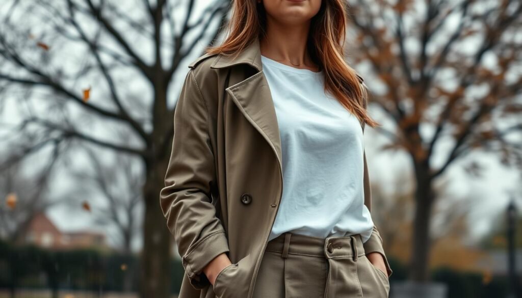 Generate an image of a stylish woman wearing a khaki trench coat over a simple white T-shirt and trousers on a rainy fall day.