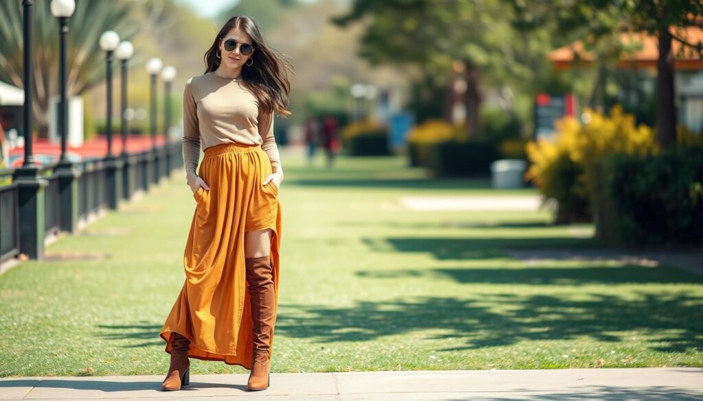 Generate an image of a stylish woman wearing a tan maxi skirt and knee-high boots.