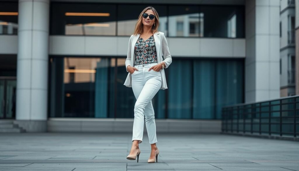 Generate an image of a stylish woman wearing white pants with a chic top.