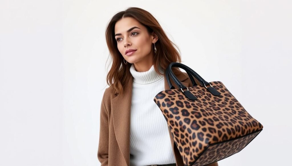 Generate an image of a woman carrying a leopard print handbag with a neutral-colored outfit.