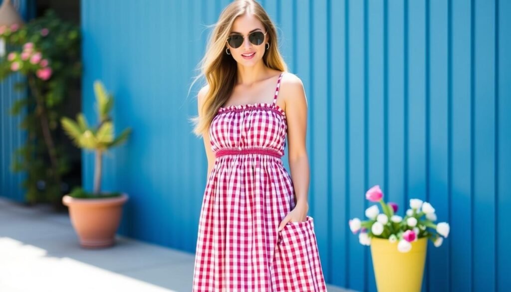 Generate an image of a woman wearing a Gingham Smocked Strappy Flounce Dress