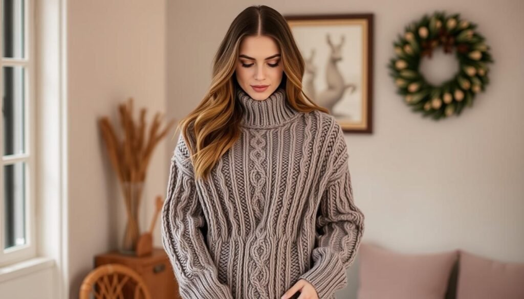 Generate an image of a woman wearing a cable knit long sweater.