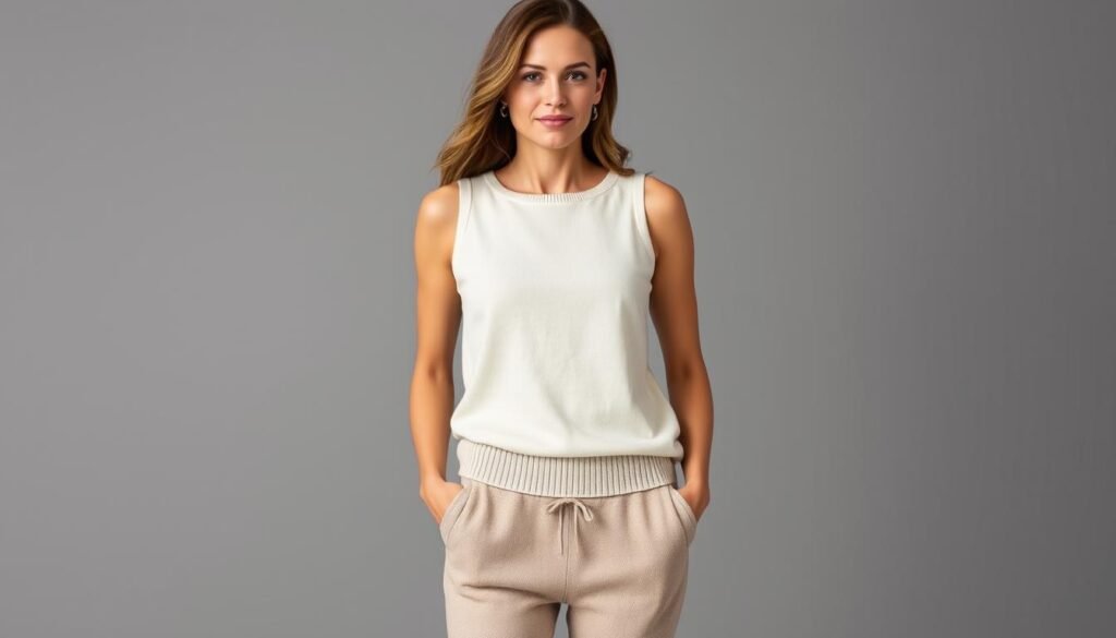 Generate an image of a woman wearing a cashmere blend tank top with matching knit pants.Fall Outfits