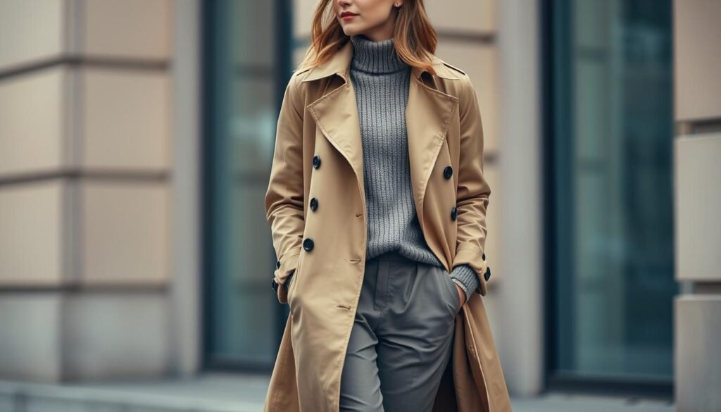 Generate an image of a woman wearing a khaki trench coat over a sweater and trousers.