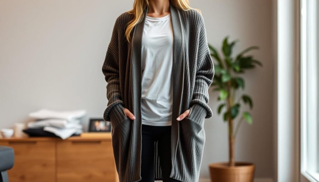 Generate an image of a woman wearing a long, oversized cardigan over a simple tee and leggings.