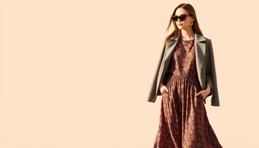 Generate an image of a woman wearing a midi dress with a jacket suitable for the current season.