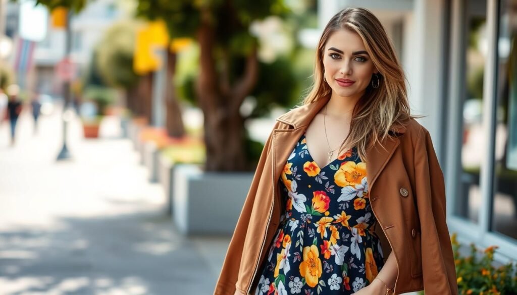 Generate an image of a woman wearing a midi dress with a stylish jacket