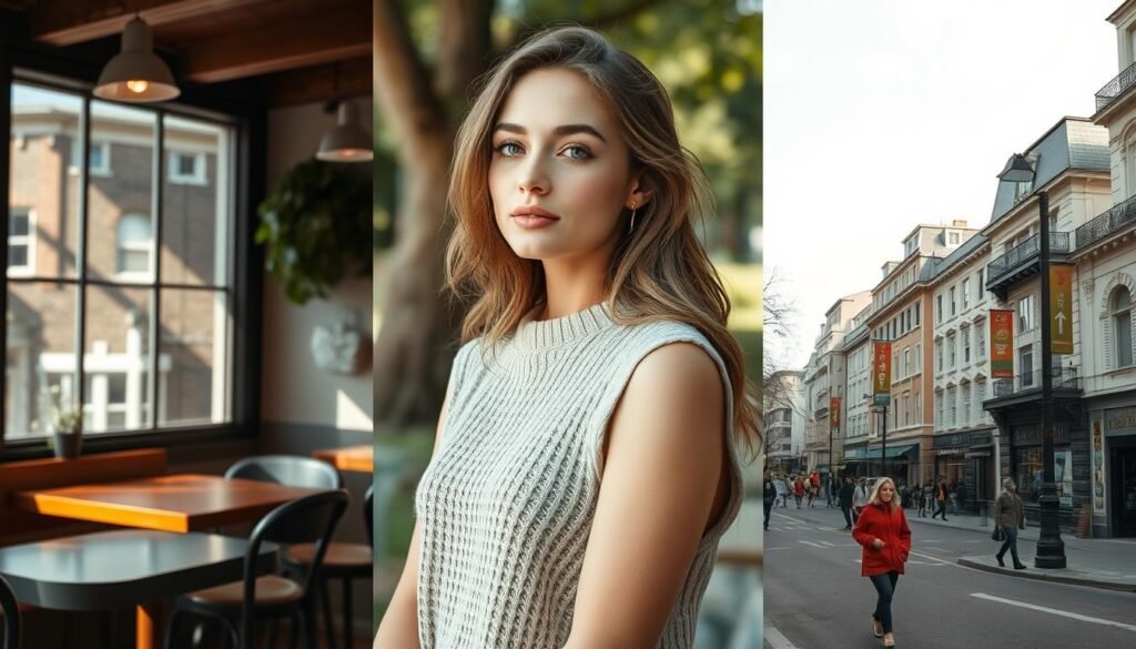 Generate an image of a woman wearing a sleeveless sweater in different settings.