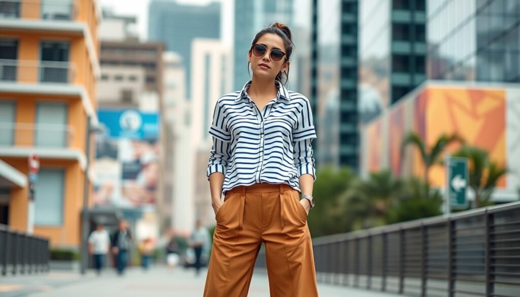Generate an image of a woman wearing a striped shirt with wide-leg pants.