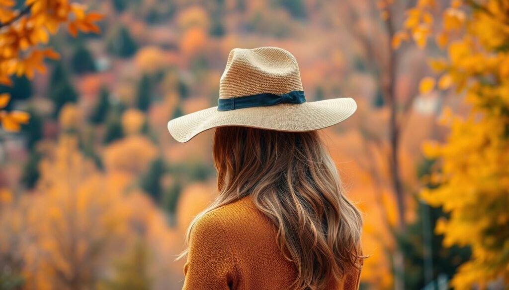 Generate an image of a woman wearing a wide-brim fall hat, standing in an autumnal setting.