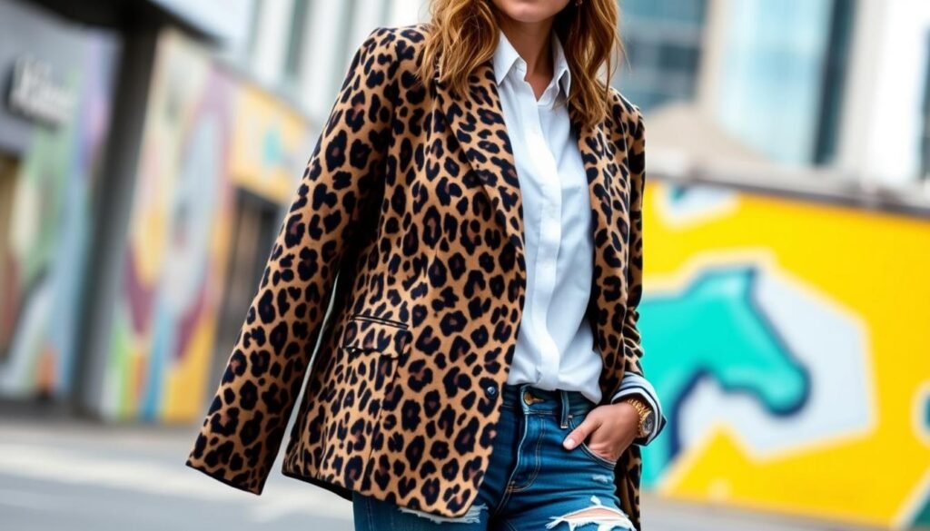Generate an image of a woman wearing an oversized leopard print blazer with a white shirt and distressed denim jeans.