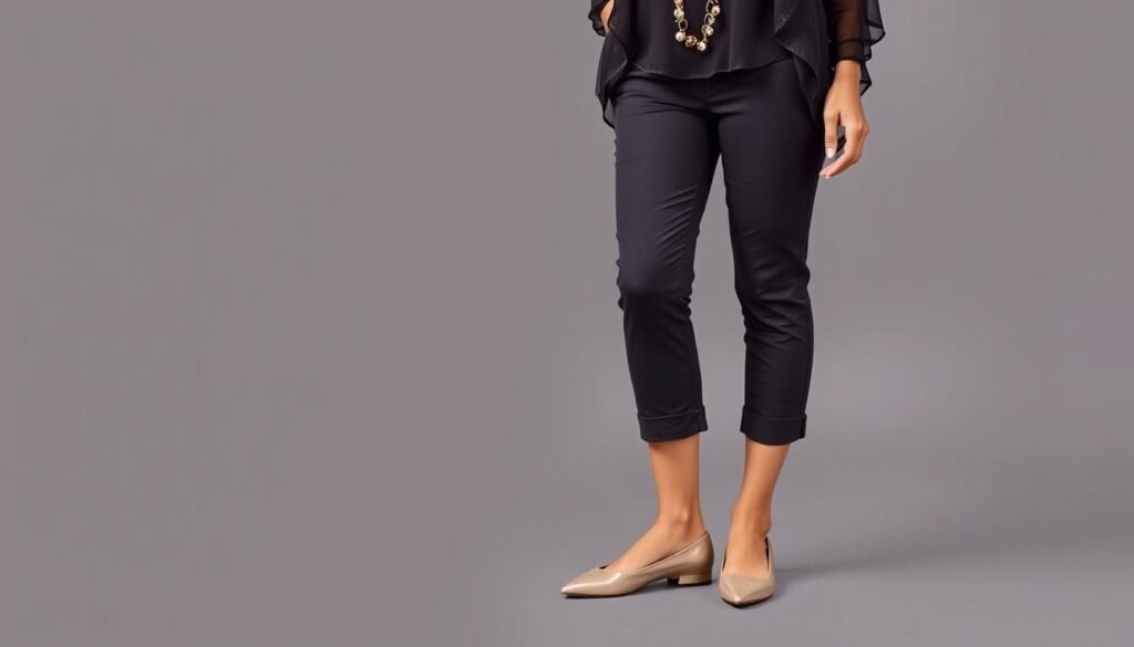 Generate an image of a woman wearing capri pants with ballet flats and a stylish top.