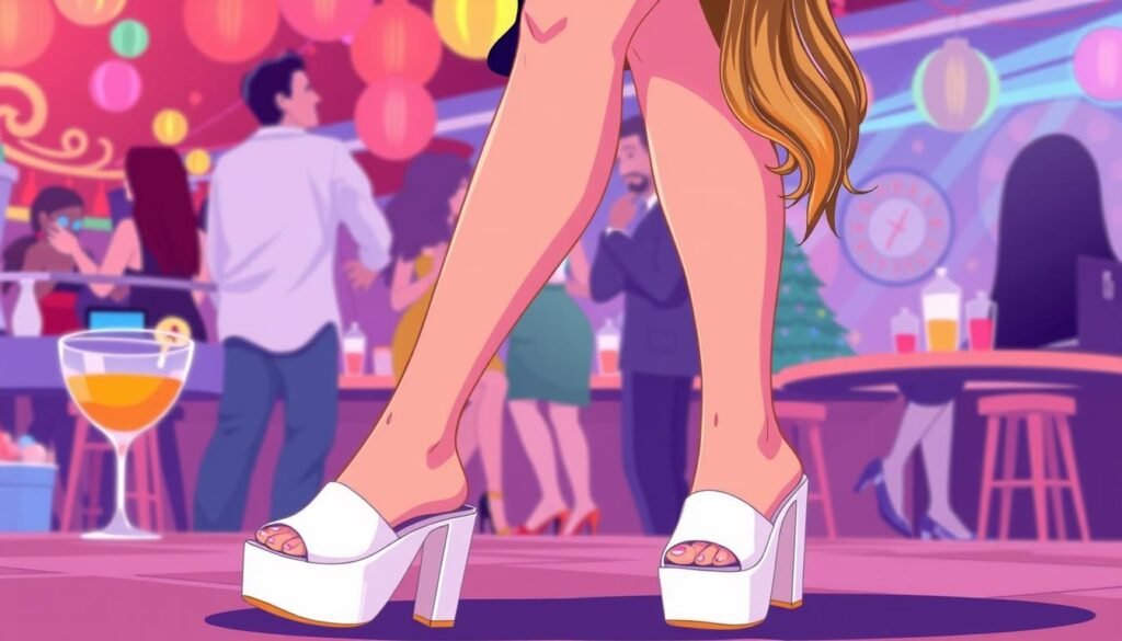 Generate an image of a woman wearing white platform mules at a party.