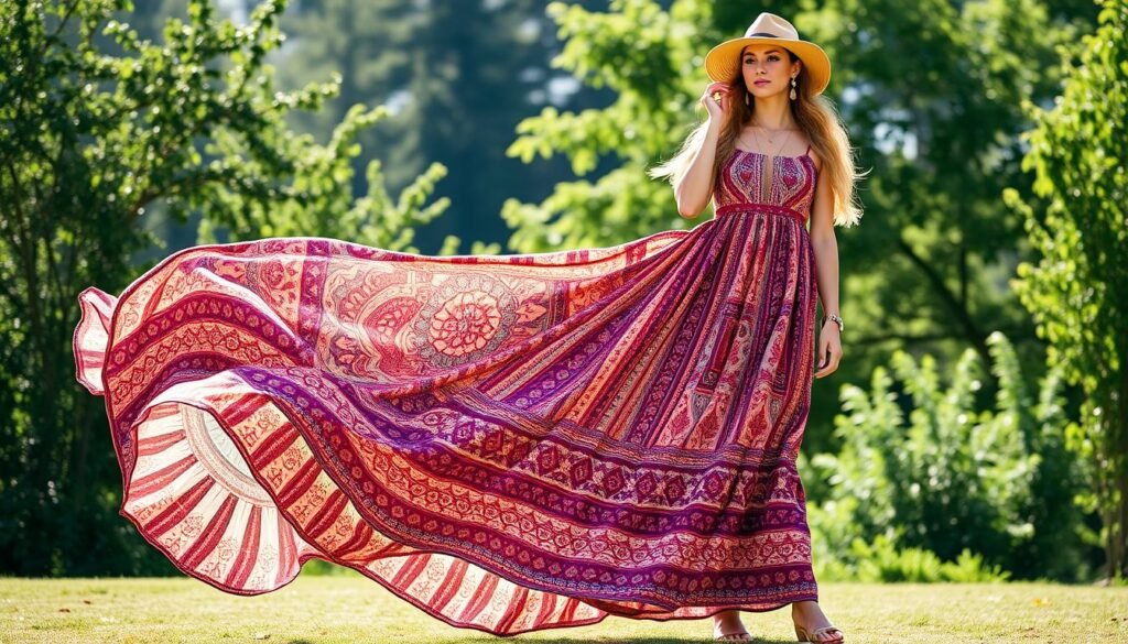 Generate an image of the KIRUNDO Summer Flowy Bohemian Maxi Dress