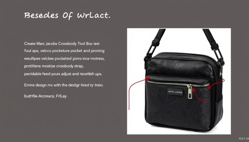 Generate an image of the Marc Jacobs Crossbody Tool Box bag, showcasing its velcro pockets and adjustable crossbody strap.