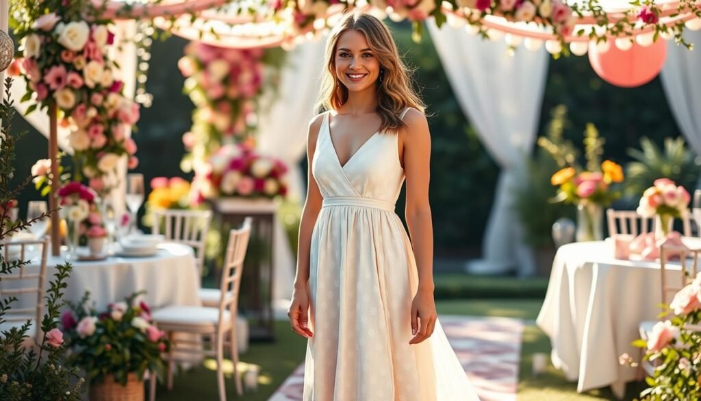Generate an image of the Pretty Garden Swiss Dot Maxi Dress being worn to a daytime wedding or a baby shower.