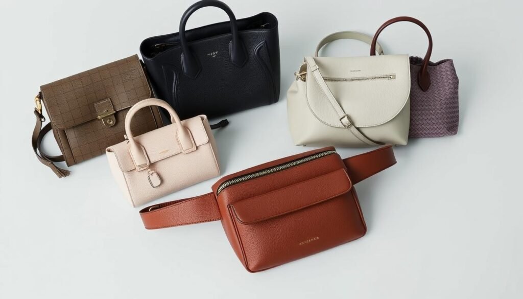 Generate an image of the Toteme Belt Bag alongside other luxury handbags from The Row, Celine, and Bottega Veneta.
