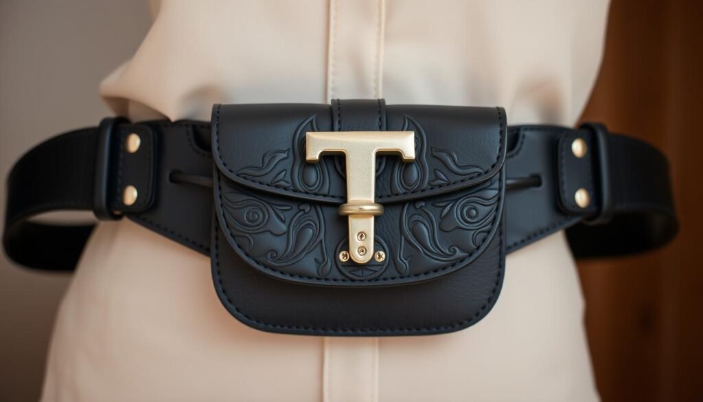 Generate an image of the Toteme belt bag in black leather with the T Lock closure.