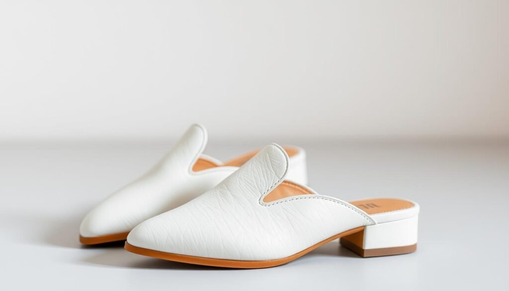 Generate an image of white leather mule shoes for women
