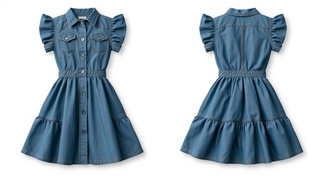 Generate image of Grapent Denim Dress, a babydoll style denim mini dress with a stone wash finish, button-front closure, and tiered back skirt.